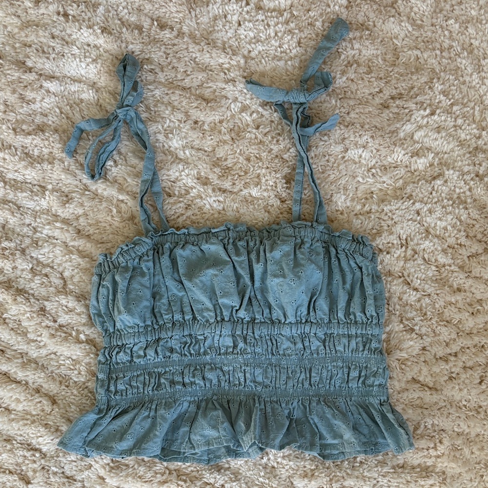 Forever 21 Tie-Shoulder Eyelet Ruched Tank Top